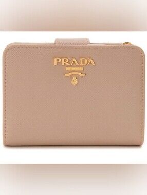 Prada Saffiano Leather Milani Metal Logo Bifold Wallet Beige Authenticity Includ